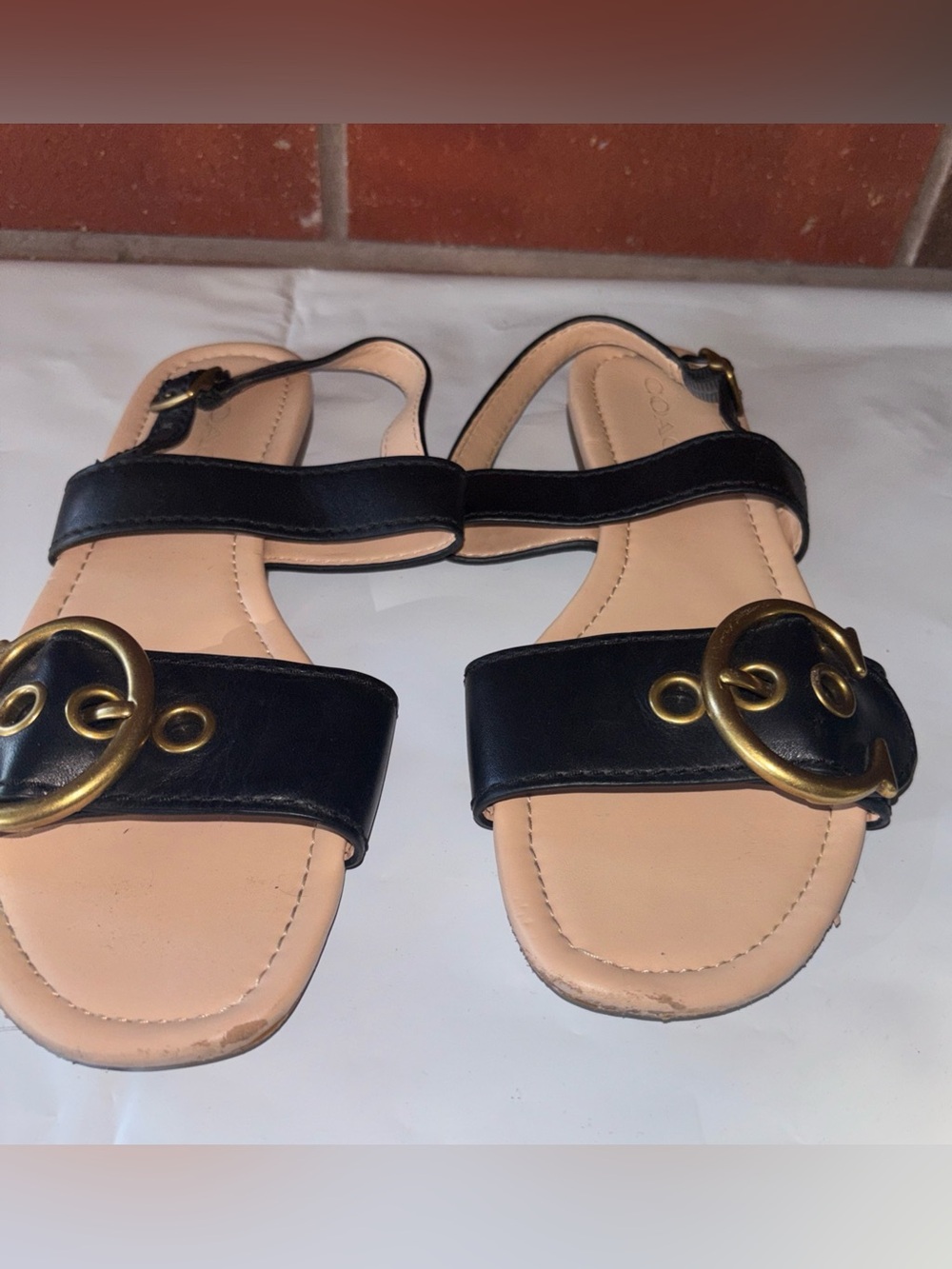 Coach Black Leather Strap Sandals with Gold Buckle 7.5